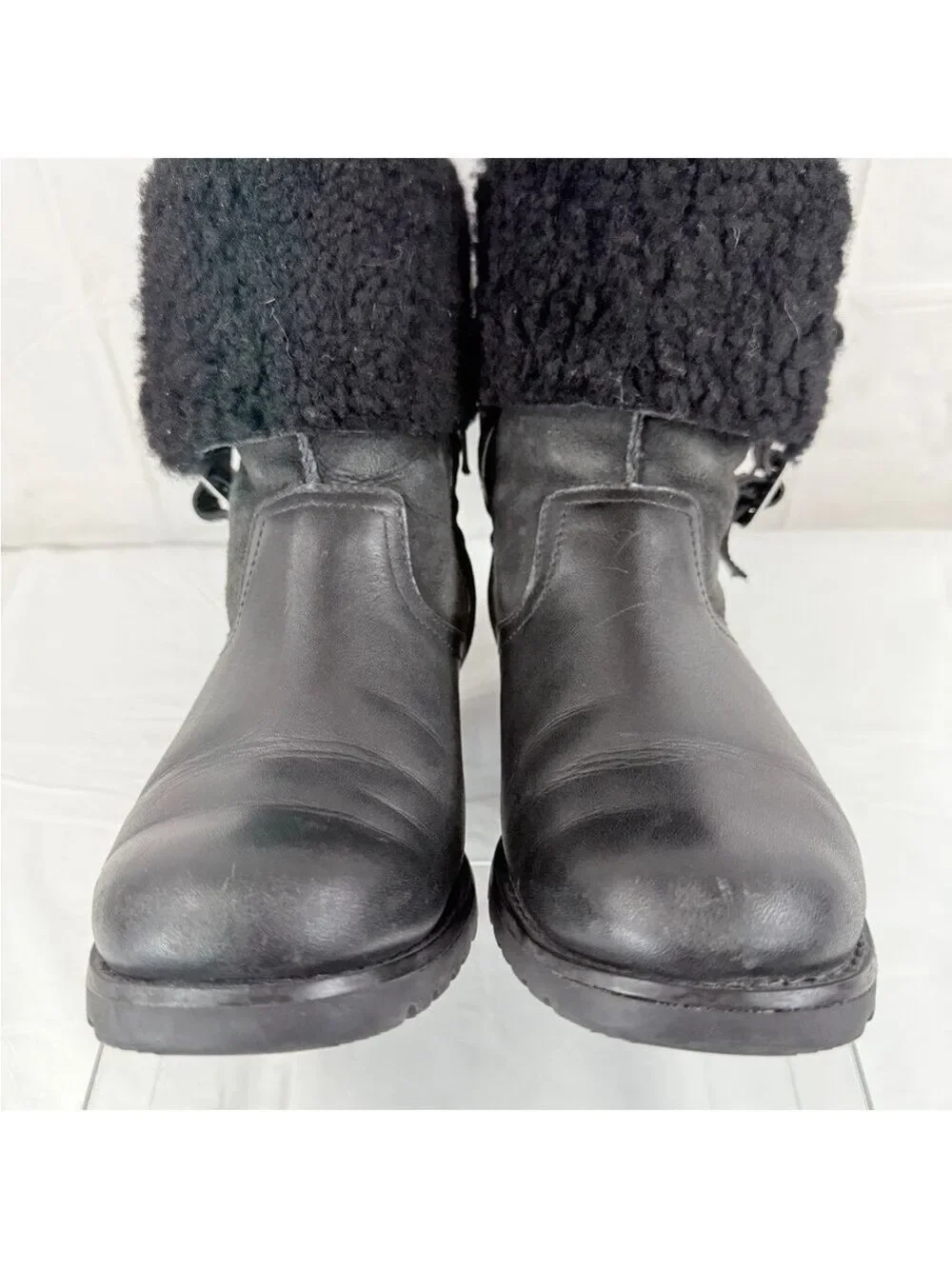 UGG Black Bellevue 1914 Leather Shearling Zip Fold Over Moto Boots Sz 6
